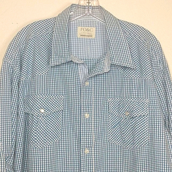 PD&C blue white check button up long sleeve shirt 2X xxl - Picture 4 of 11